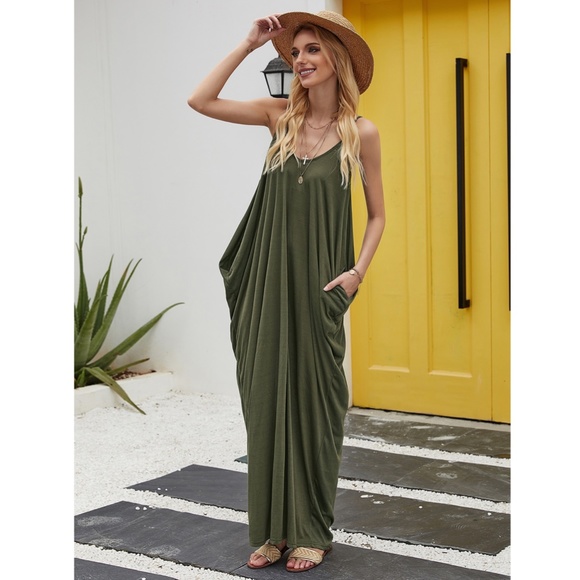 Olive Green Cocoon Cami Maxi Dress - Picture 5 of 9